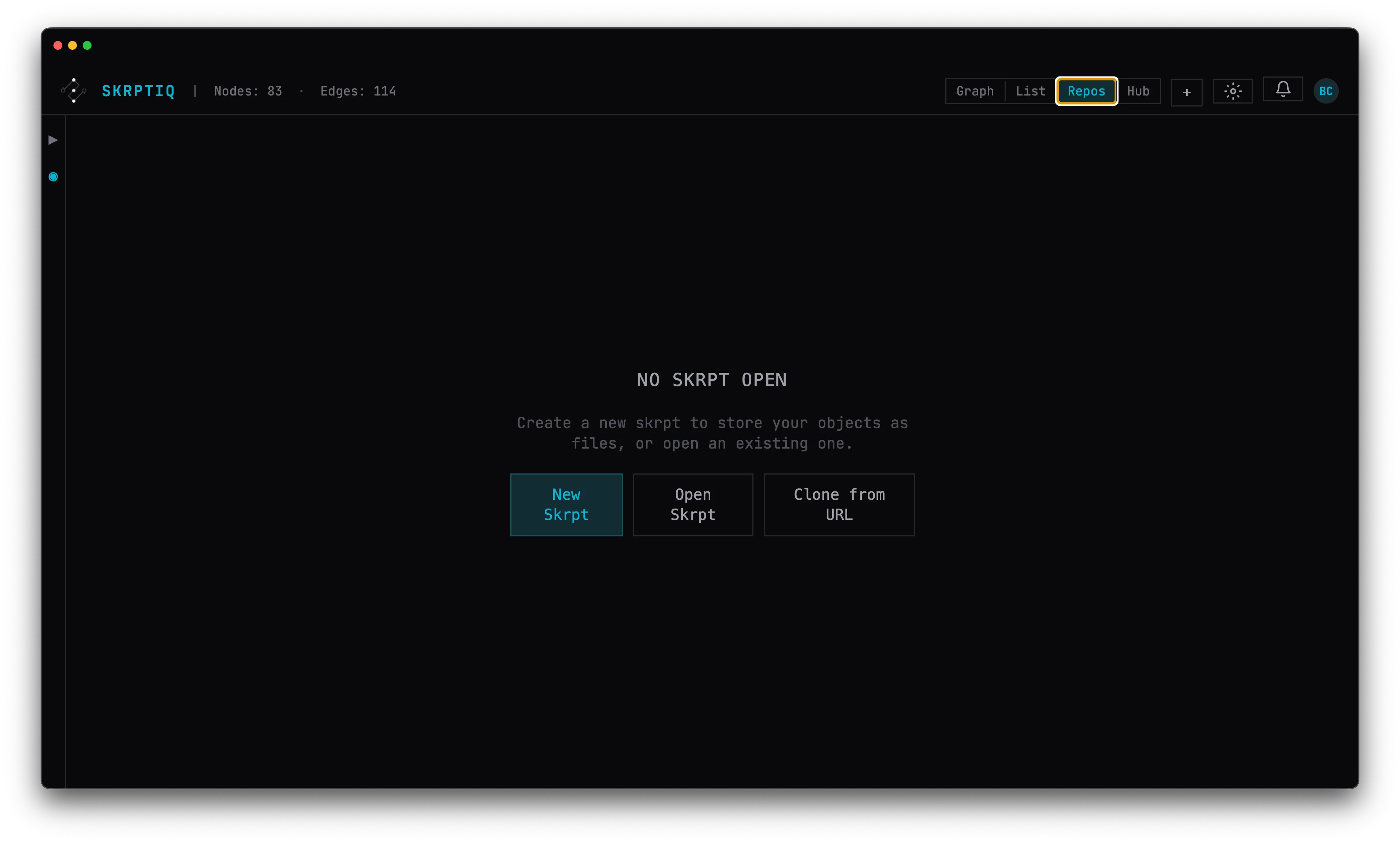 Repos view showing options to create, open, or clone a skrpt