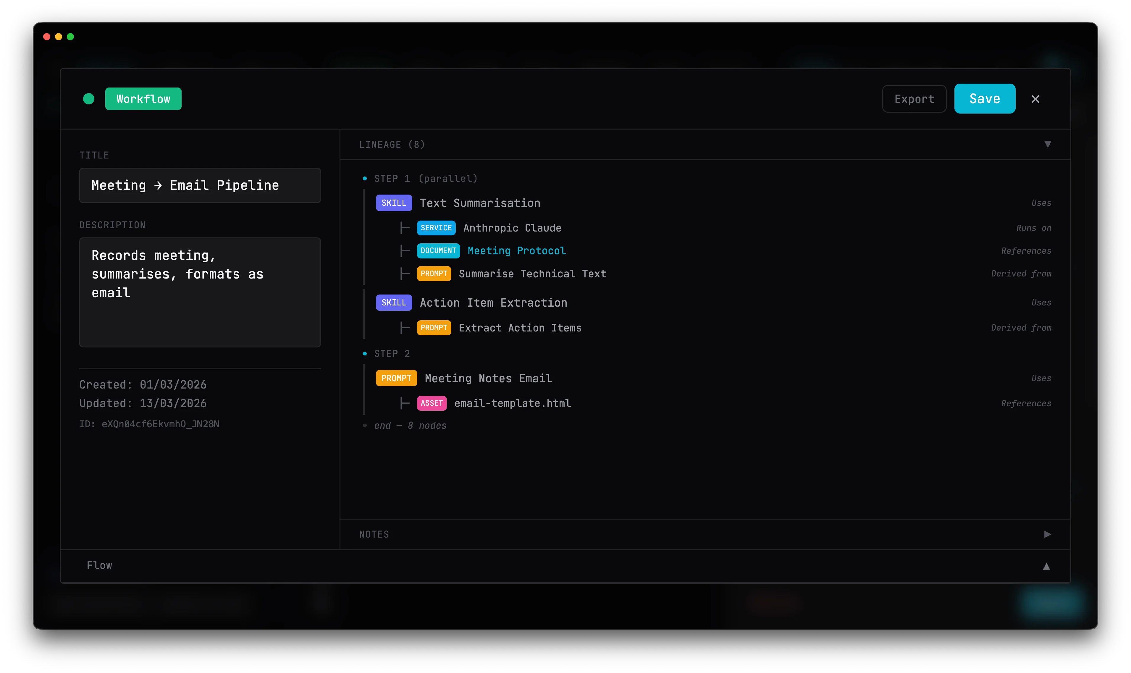 Workflow editor showing lineage tree with parallel steps and node relationships