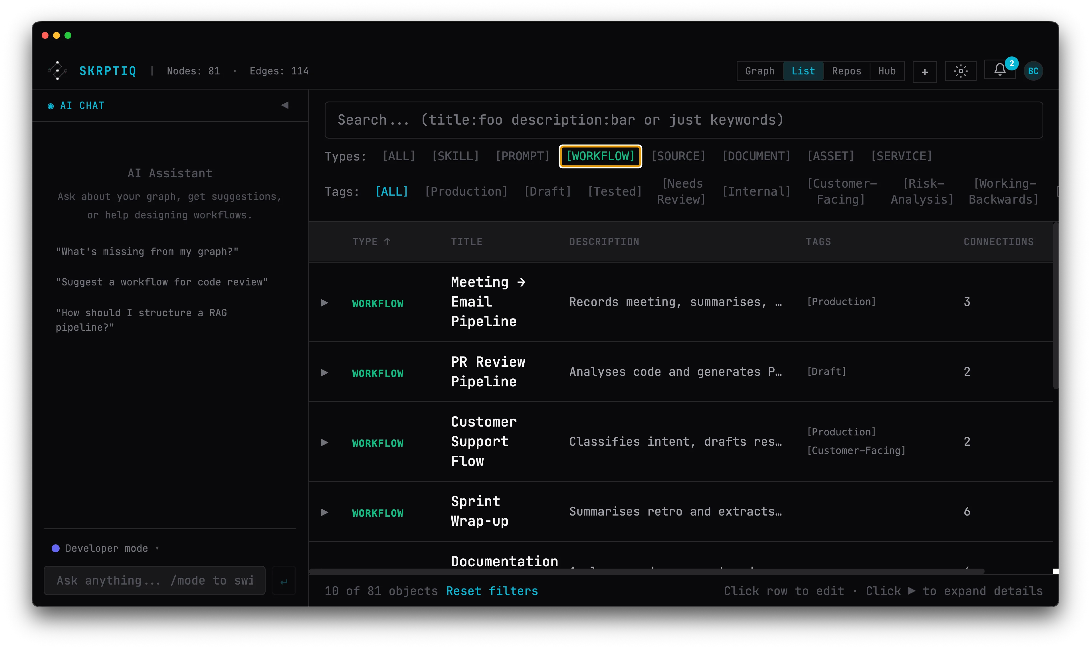 List view with search, type filters, and tag filters