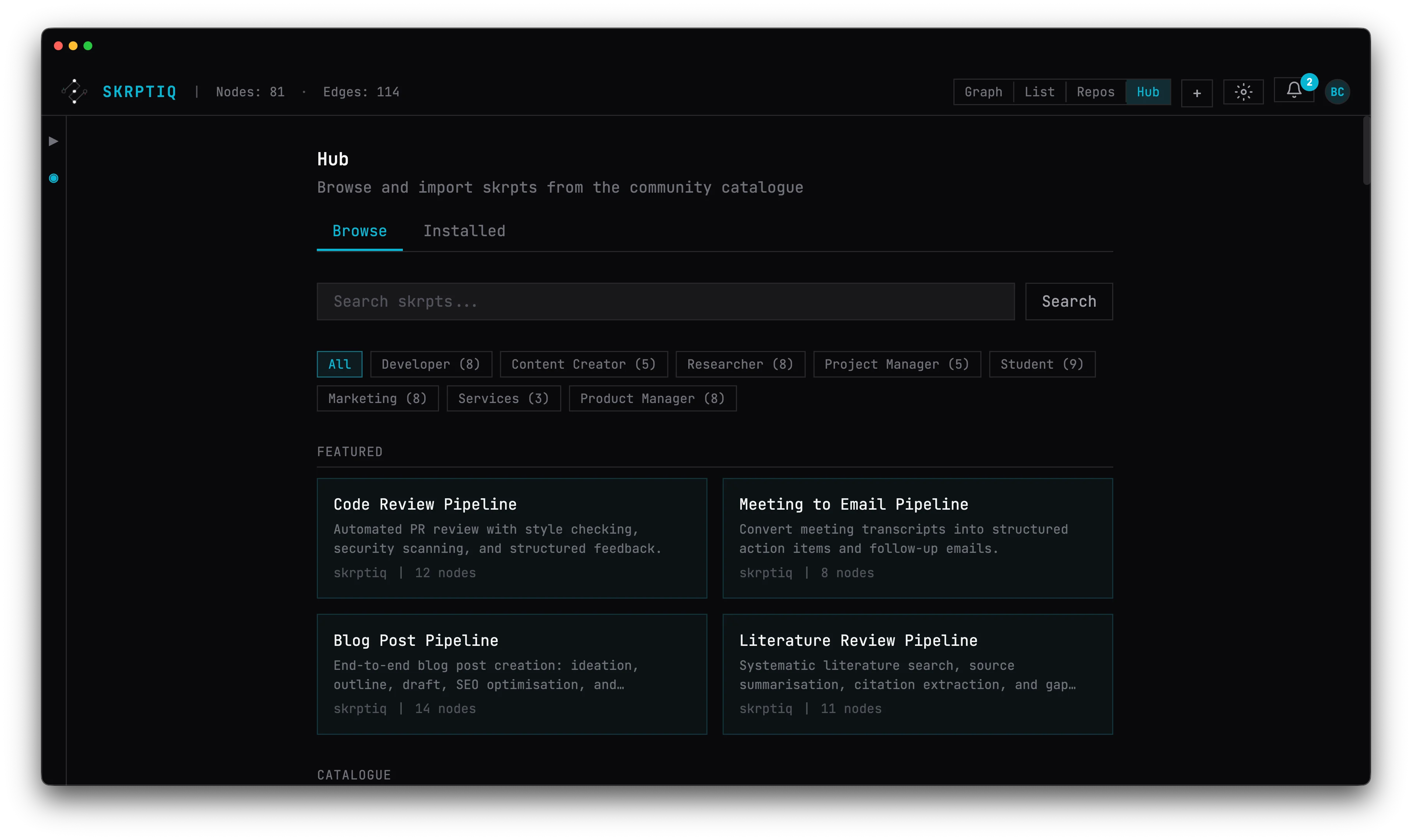 Hub browser showing community skrpts organised by persona category
