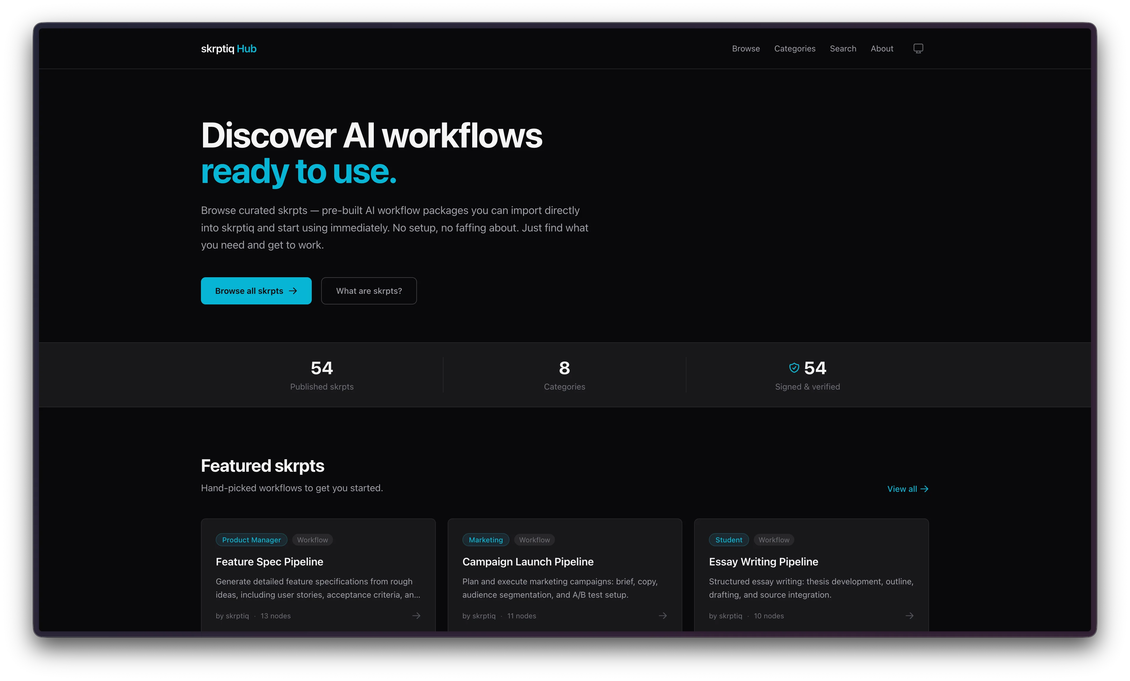 Skrptiq Hub landing page showing featured skrpts and category stats