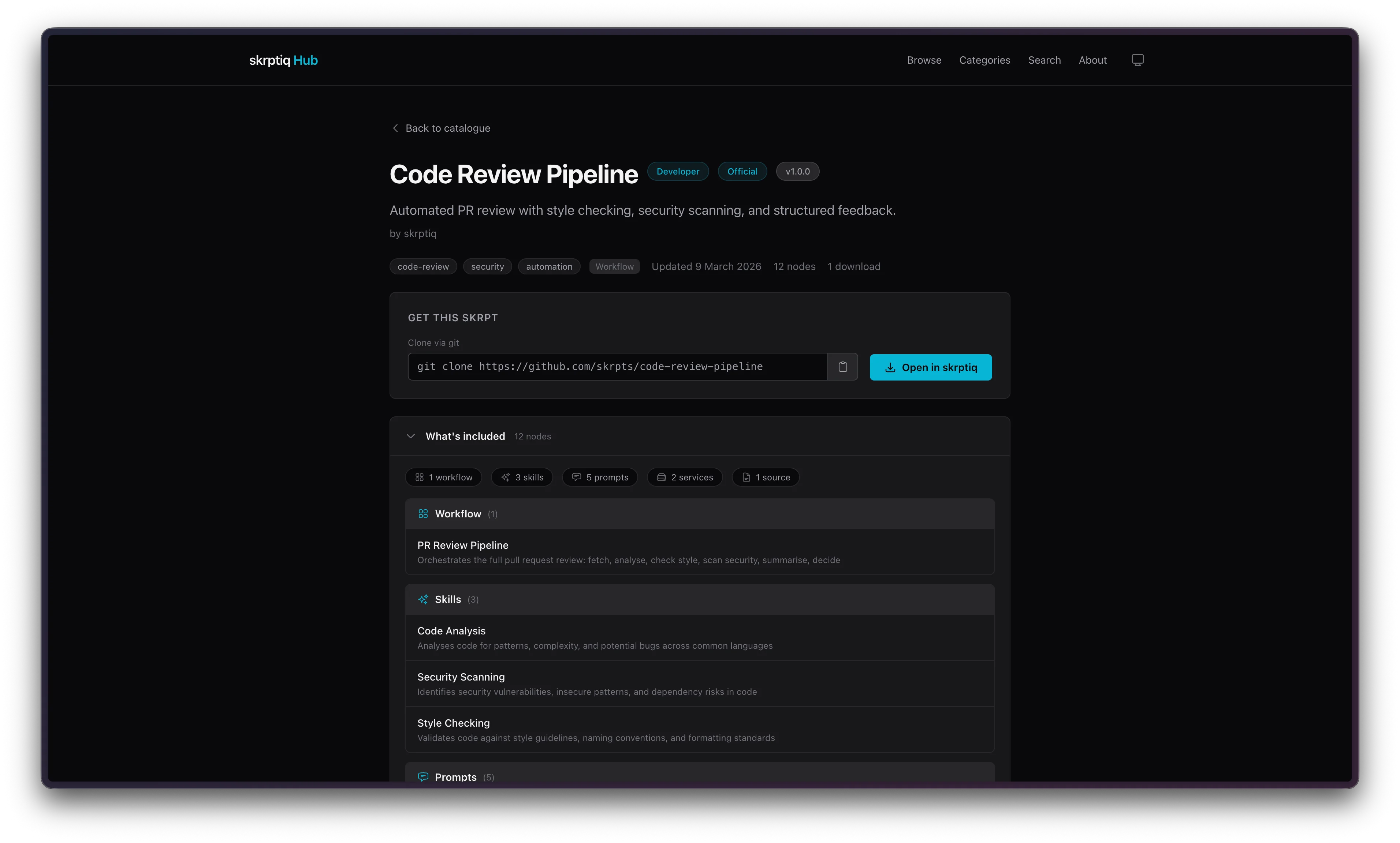 Skrpt detail page showing contents, git clone command, and open in skrptiq button