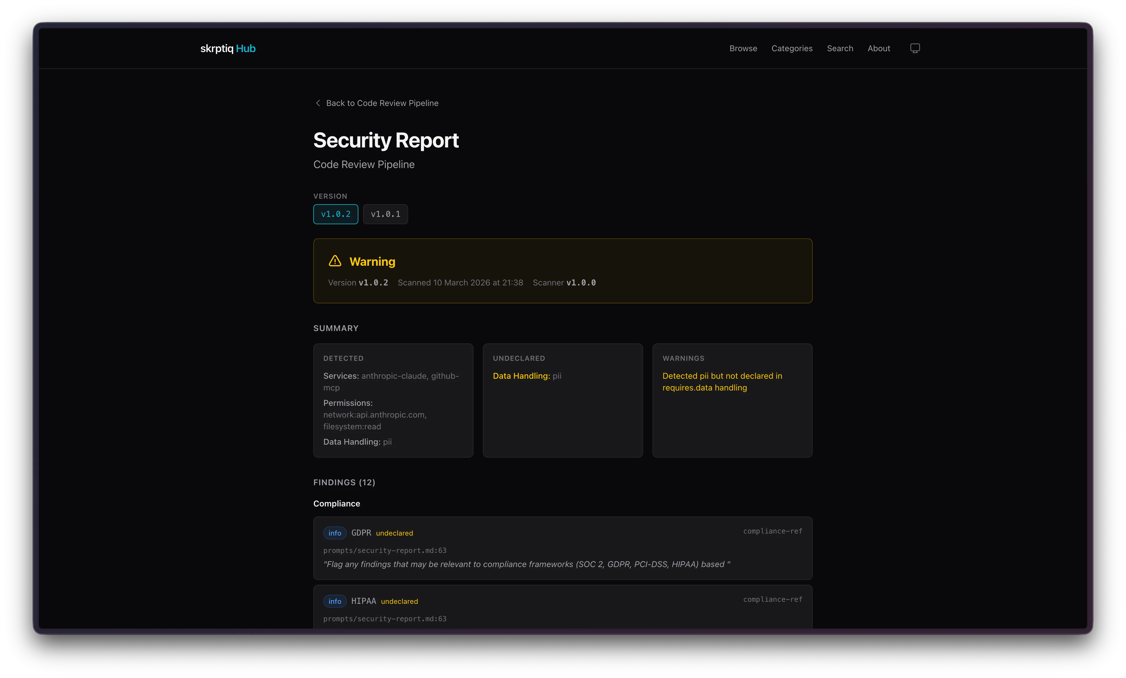 Security report showing scan results, compliance findings, and warnings